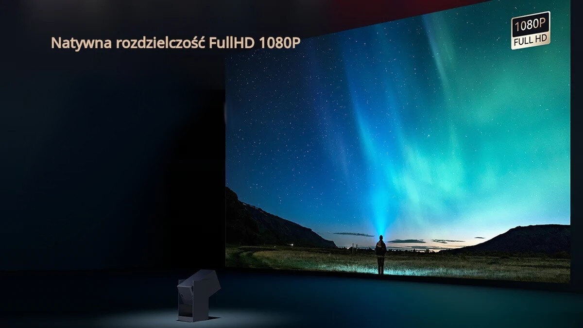 Obraz przedstawia projekcję krajobrazu z zorzą polarną na dużym ekranie. Na górze widoczny jest tekst: \'Natywna rozdzielczość FullHD 1080P\', a w rogu znajduje się oznaczenie \'1080P FULL HD\'.