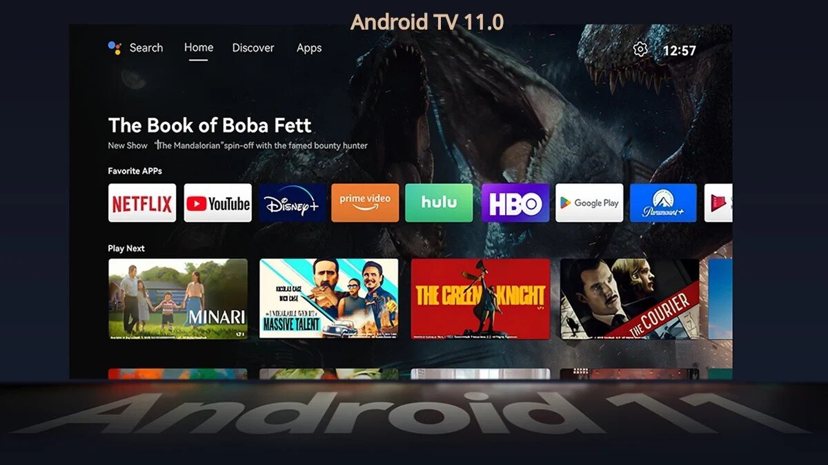 Interfejs Android TV 11.0 z widocznymi aplikacjami takimi jak Netflix, YouTube, Disney+, Prime Video, Hulu, HBO, Google Play i Amazon Prime Video. Na ekranie wyświetlony jest tytuł \'The Book of Boba Fett\' oraz godzina 12:57.