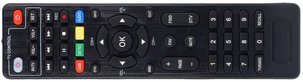 Pilot z wieloma przyciskami, w tym kolorowymi przyciskami funkcyjnymi, przyciskiem \'OK\' w centrum oraz numeryczną klawiaturą. Widoczne napisy to m.in. \'TV CONTROL\', \'AUDIO\', \'SUBTITLE\', \'FAV\', \'MUTE\', \'DTV\'.