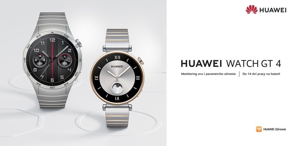 Obraz przedstawia dwa smartwatche marki HUAWEI z serii Watch GT 4. Po prawej stronie znajduje się tekst: \'HUAWEI WATCH GT 4 Monitoring snu i parametrów zdrowia | Do 14 dni pracy na baterii\'.