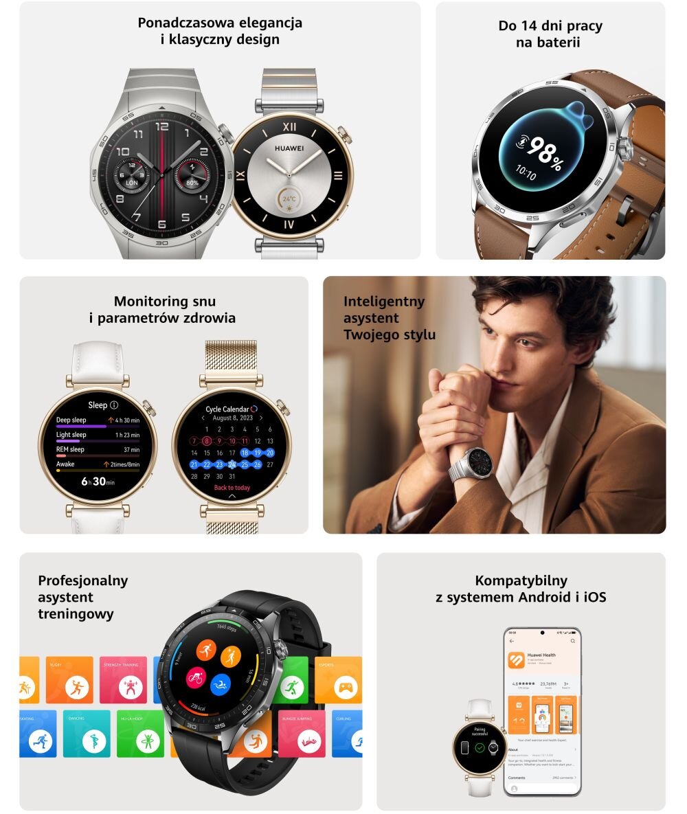 Obraz przedstawia różne funkcje i wygląd smartwatcha HUAWEI Watch GT 4 Classic 41mm Biały, w tym elegancki design, monitorowanie snu, asystenta treningowego oraz kompatybilność z systemami Android i iOS. Widoczny jest również napis \'Inteligentny asystent Twojego stylu\'.