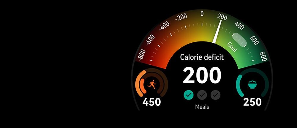Grafika przedstawia kolorowy wskaźnik z napisem \'Calorie deficit 200\'. Po lewej stronie widoczna jest ikona biegania z liczbą 450, a po prawej ikona posiłku z liczbą 250.