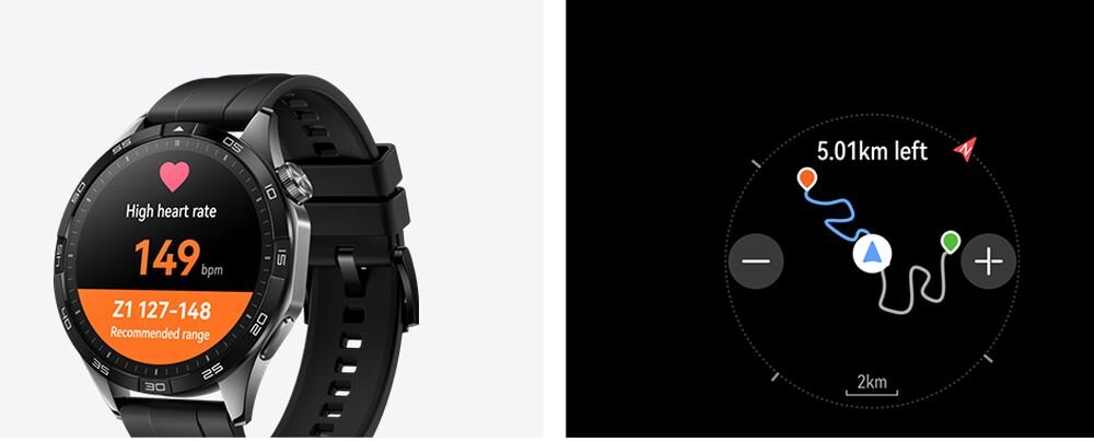 Po lewej stronie widoczny jest smartwatch z czarnym paskiem, na ekranie wyświetla się informacja o wysokim tętnie: \'High heart rate 149 bpm Z1 127-148 Recommended range\'. Po prawej stronie ekran smartwatcha pokazuje mapę z trasą i informacją \'5.01 km left\'.