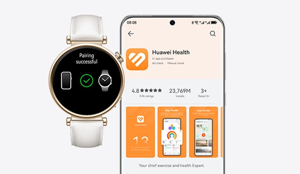 Na obrazie widoczny jest smartwatch z białym paskiem i ekranem pokazującym komunikat \'Pairing successful\'. Obok znajduje się smartfon z otwartą aplikacją \'Huawei Health\', z oceną 4.8 gwiazdek i informacją o 23,769M instalacji.