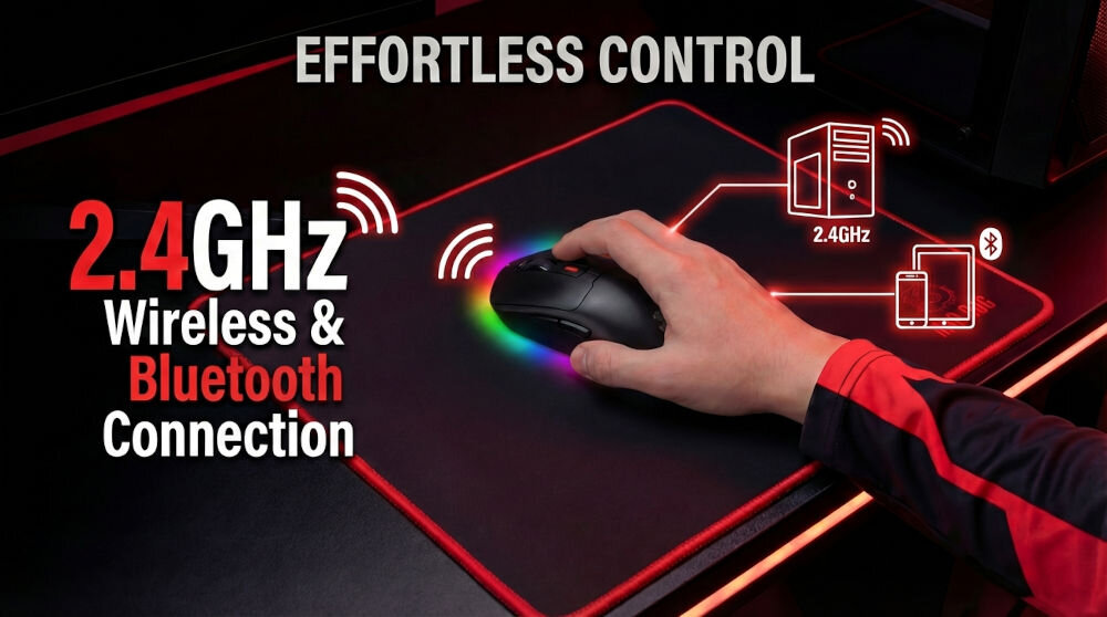 Osoba trzyma czarną mysz z podświetleniem na podkładce, obok schemat połączeń bezprzewodowych. Tekst na obrazie: \'EFFORTLESS CONTROL 2.4GHz Wireless & Bluetooth Connection\'.