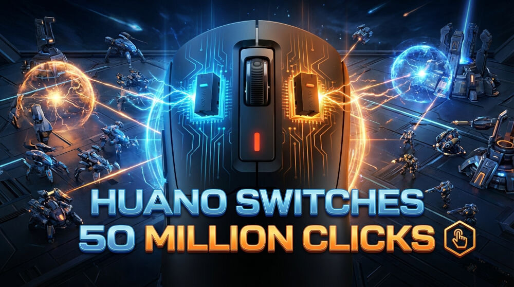 Obraz przedstawia mysz komputerową z futurystycznym tłem, na którym widać małe roboty i efekty świetlne. Na dole znajduje się tekst: \'HUANO SWITCHES 50 MILLION CLICKS\'.