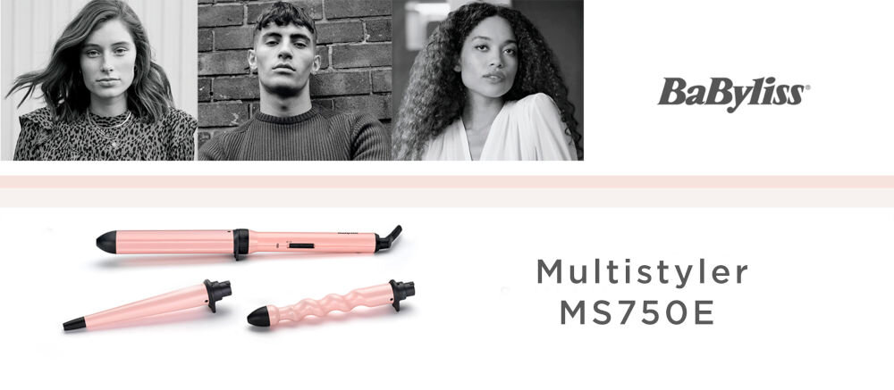 Obraz przedstawia trzy różowe lokówki o różnych kształtach i rozmiarach oraz napis \'Multistyler MS750E\'. W tle widoczne są czarno-białe zdjęcia trzech osób oraz logo \'BaByliss\'.