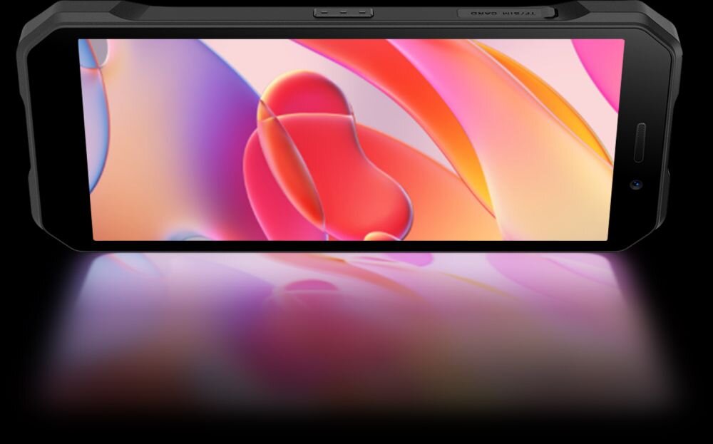 Smartfon z wyświetlaczem prezentującym kolorową, abstrakcyjną grafikę. Obudowa urządzenia jest czarna, a ekran odbija się na błyszczącej powierzchni.