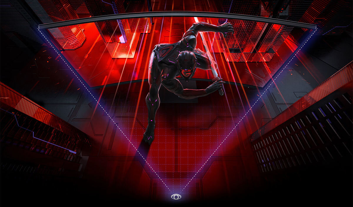 Obraz przedstawia futurystyczną postać w dynamicznej pozie, otoczoną czerwonymi i czarnymi elementami graficznymi. W dolnej części obrazu widoczny jest symbol oka.
