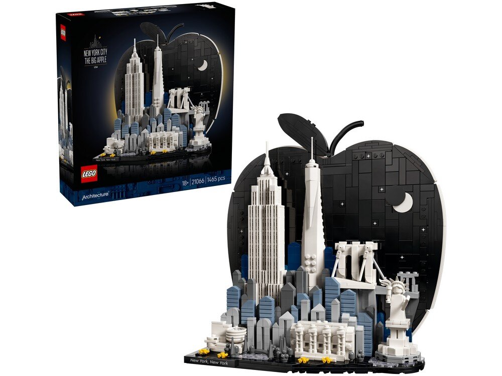 Zestaw LEGO przedstawiający panoramę Nowego Jorku z charakterystycznymi budynkami na tle czarnego jabłka. Na pudełku widnieje napis \'New York City The Big Apple\' oraz logo LEGO.