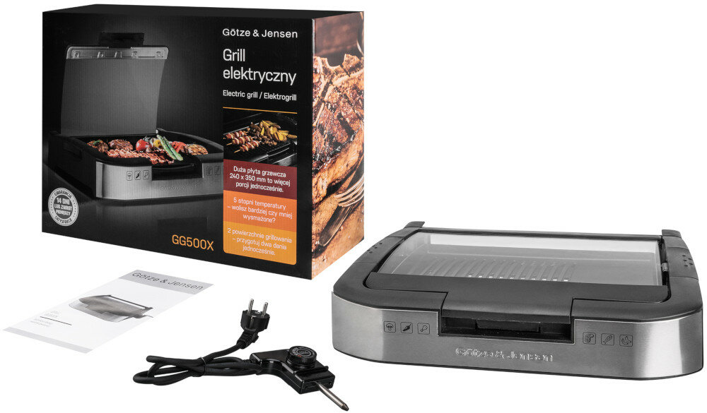 Grill elektryczny GÖTZE & JENSEN GG500X Inox 1800W z rusztem zestaw zawartosc opakowania