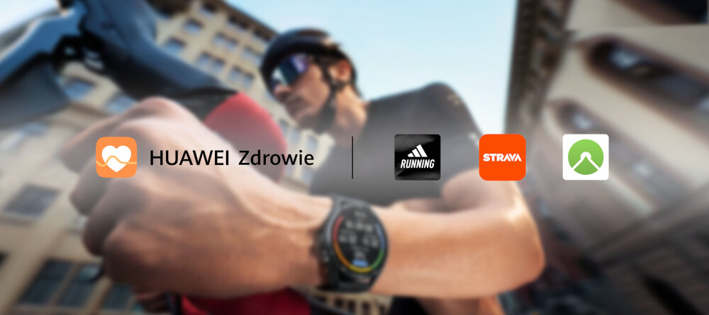 Osoba na rowerze nosi smartband, a w tle widoczne są loga aplikacji: HUAWEI Zdrowie, adidas Running, STRAVA i inna aplikacja z zielonym logo.