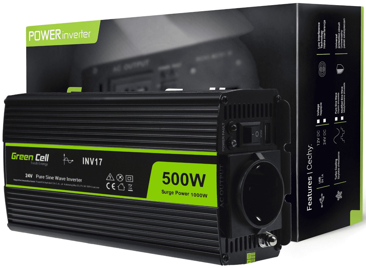 Na obrazie widoczna jest przetwornica Green Cell z oznaczeniem INV17, o mocy 500W i szczytowej mocy 1000W, z napisem \'24V Pure Sine Wave Inverter\'. W tle znajduje się pudełko z napisem \'POWER inverter\'.