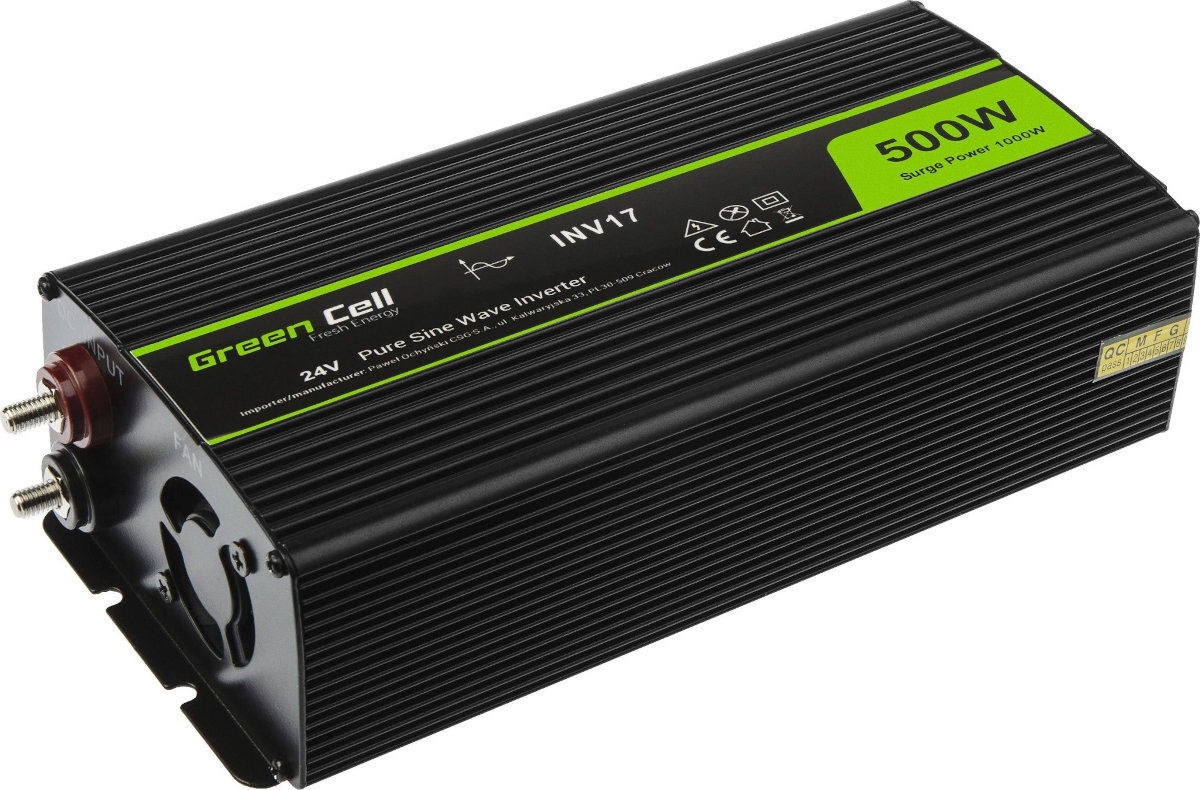 Czarna przetwornica z zielonymi elementami i napisami \'Green Cell\', \'24V Pure Sine Wave Inverter\', \'500W Surge Power 1000W\'.