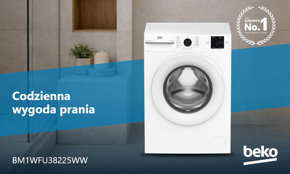 PRALKA BEKO BM1WFU38225WW Pralka Beko ładowana od frontu pokazana jest w aranżacji wnętrza z hasłem „Codzienna wygoda prania” oraz oznaczeniem modelu BM1WFU38225WW. W rogu widoczny jest znak „from Europe’s No.1”