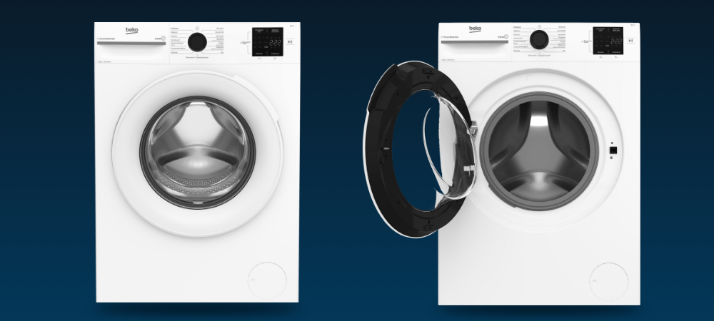 PRALKA BEKO BM1WFU38225WW Dwa ujęcia przedstawiają pralkę z zamkniętymi oraz otwartymi drzwiami. Widoczny jest szeroki otwór załadunkowy i wnętrze bębna wyświetlacz 15  programów drzwi  XL 8 kg