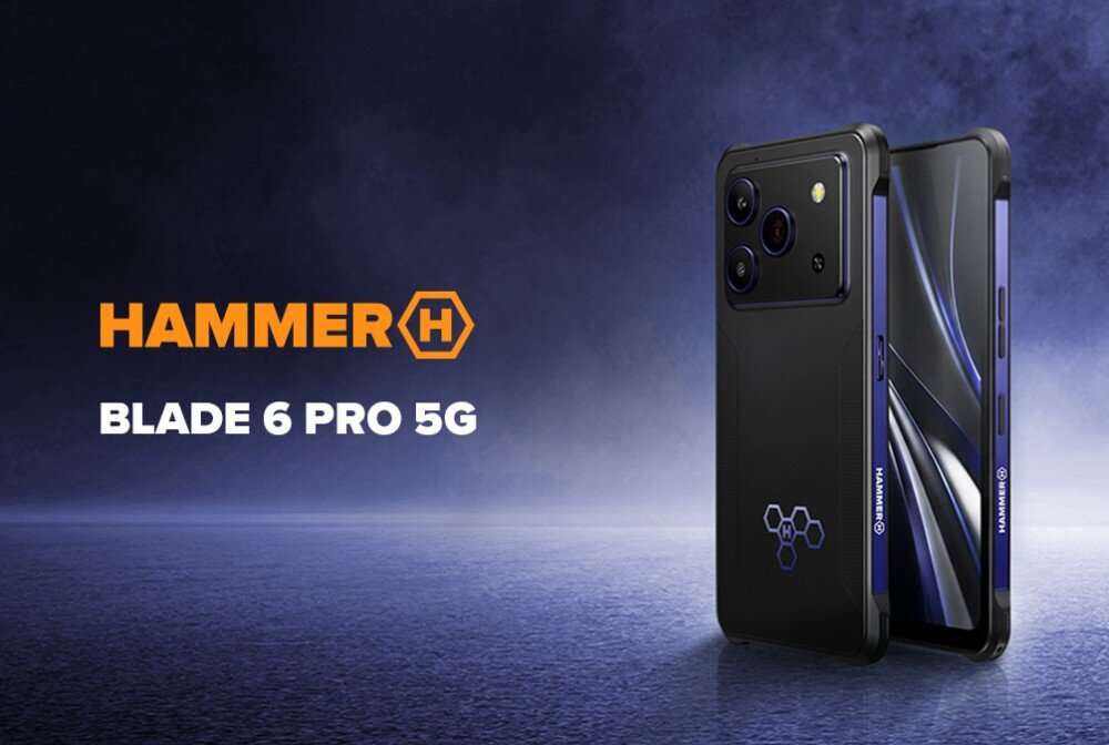 Smartfon HAMMER Blade 6 Pro 5G Smartfon widziany z tyłu oraz z przodu na ciemnym tle, z widoczną wyspą aparatów, wzorem plastra miodu i napisami informacyjnymi po lewej stronie