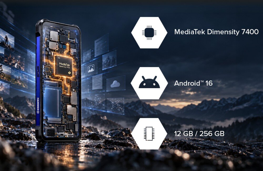 Smartfon HAMMER Blade 6 Pro 5G Smartfon z widocznym wnętrzem i procesorem na tle górzystego krajobrazu, obok ikony informujące o procesorze, systemie Android 16 oraz pamięci