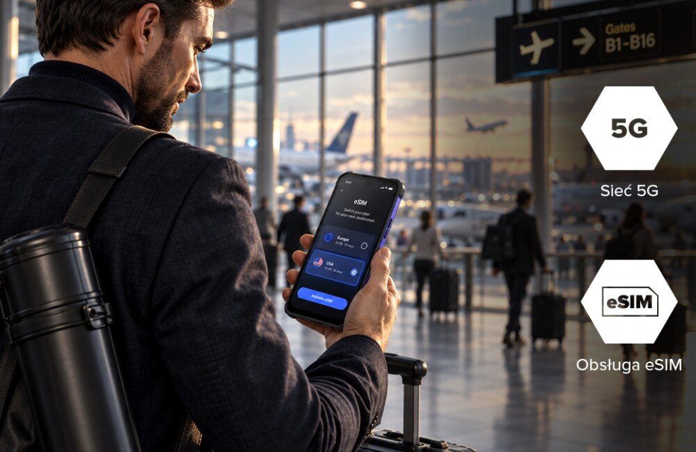Smartfon HAMMER Blade 6 Pro 5G Mężczyzna na lotnisku trzyma smartfon z włączoną aplikacją eSIM, w tle widać samoloty, a obok ikony informujące o sieci 5G i obsłudze eSIM