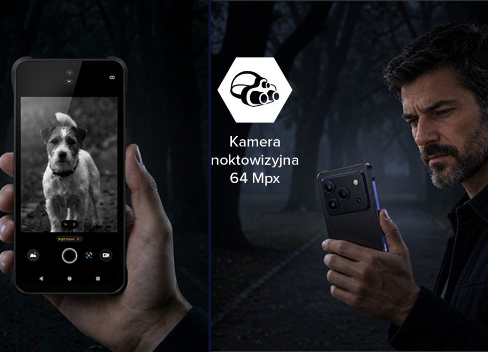 Smartfon HAMMER Blade 6 Pro 5G Dwie kadry przedstawiające smartfon z włączoną kamerą noktowizyjną w ciemności oraz mężczyznę patrującego w ekran urządzenia nocą