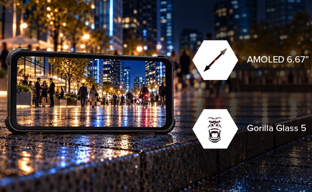 Smartfon HAMMER Blade 6 Pro 5G Smartfon leżący poziomo na mokrej powierzchni z wyświetlonym zdjęciem nocnego miasta, obok ikony informujące o ekranie AMOLED 6.67' i Gorilla Glass 5