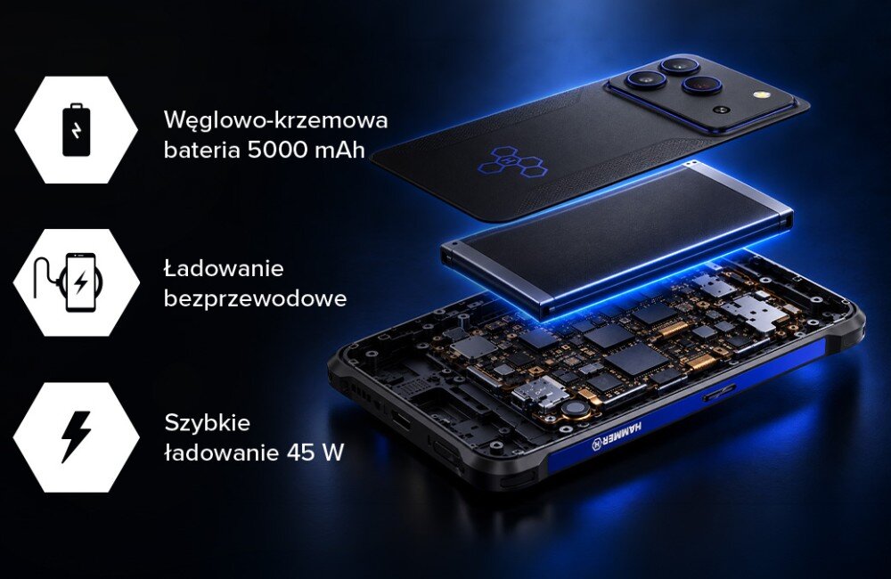 Smartfon HAMMER Blade 6 Pro 5G Przekrój smartfona pokazujący baterię węglowo-krzemową oraz podzespoły, obok ikony z informacjami o ładowaniu bezprzewodowym i mocy 45 W
