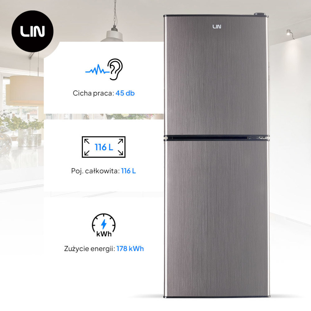 Grafitowa lodówka marki LIN z widocznym logo, o całkowitej pojemności 116 L i zużyciu energii 178 kWh. Dodatkowo, lodówka charakteryzuje się cichą pracą na poziomie 45 db.