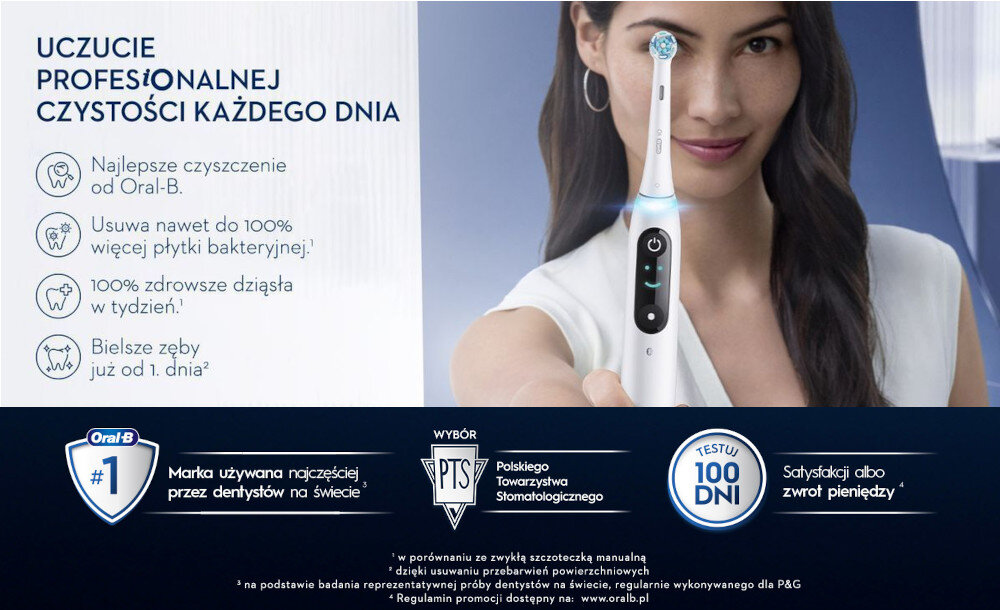 Reklama szczoteczki magnetycznej ORAL-B iO 8 Biały z hasłem \'UCZUCIE PROFESJONALNEJ CZYSTOŚCI KAŻDEGO DNIA\'. Widoczna kobieta trzymająca szczoteczkę, a obok niej teksty promujące zalety produktu, takie jak \'Najlepsze czyszczenie od Oral-B\' i \'Bielsze zęby już od 1. dnia\'.