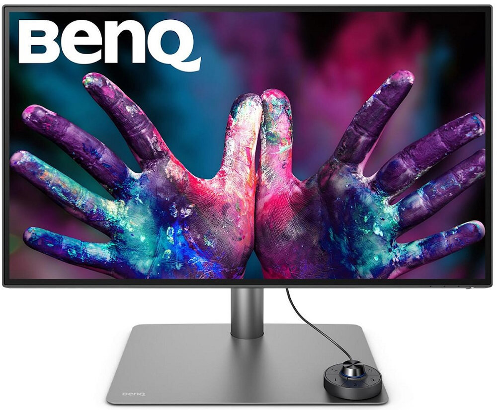 Monitor z wyświetlaczem pokazującym kolorowe dłonie pokryte farbą. Na ekranie widoczne jest logo \'BenQ\'.