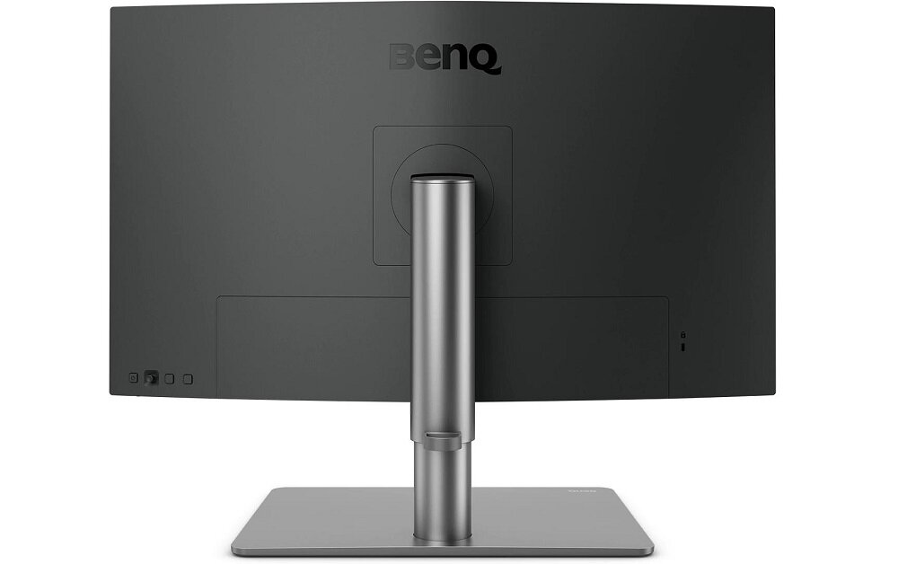 Monitor w kolorze czarnym z logo \'BenQ\' na górze obudowy. Widoczny jest tył urządzenia z centralnie umieszczonym uchwytem na podstawie.