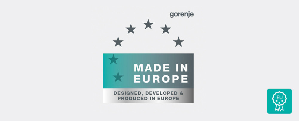 Obraz przedstawia logo z napisem \'gorenje\' oraz tekstem \'MADE IN EUROPE\' i \'DESIGNED, DEVELOPED & PRODUCED IN EUROPE\'. W tle znajduje się sześć gwiazd ułożonych w łuk.