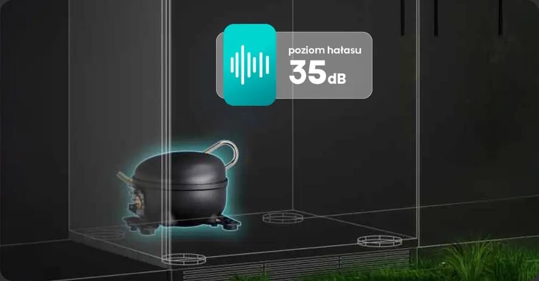 Obraz przedstawia wnętrze lodówki z widocznym kompresorem. Na grafice znajduje się napis \'poziom hałasu 35 dB\'.