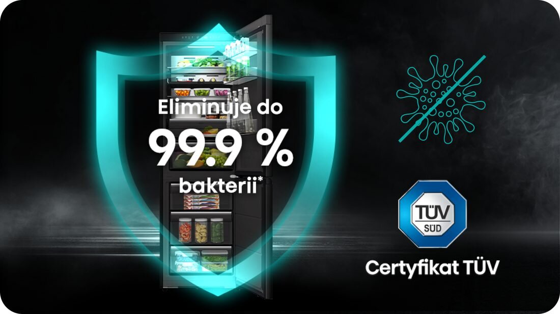 Obraz przedstawia otwartą lodówkę z widocznymi produktami spożywczymi, otoczoną niebieską grafiką w kształcie tarczy. Na środku znajduje się tekst: \'Eliminuje do 99.9% bakterii\', a poniżej widnieje logo TÜV SÜD z napisem \'Certyfikat TÜV\'.