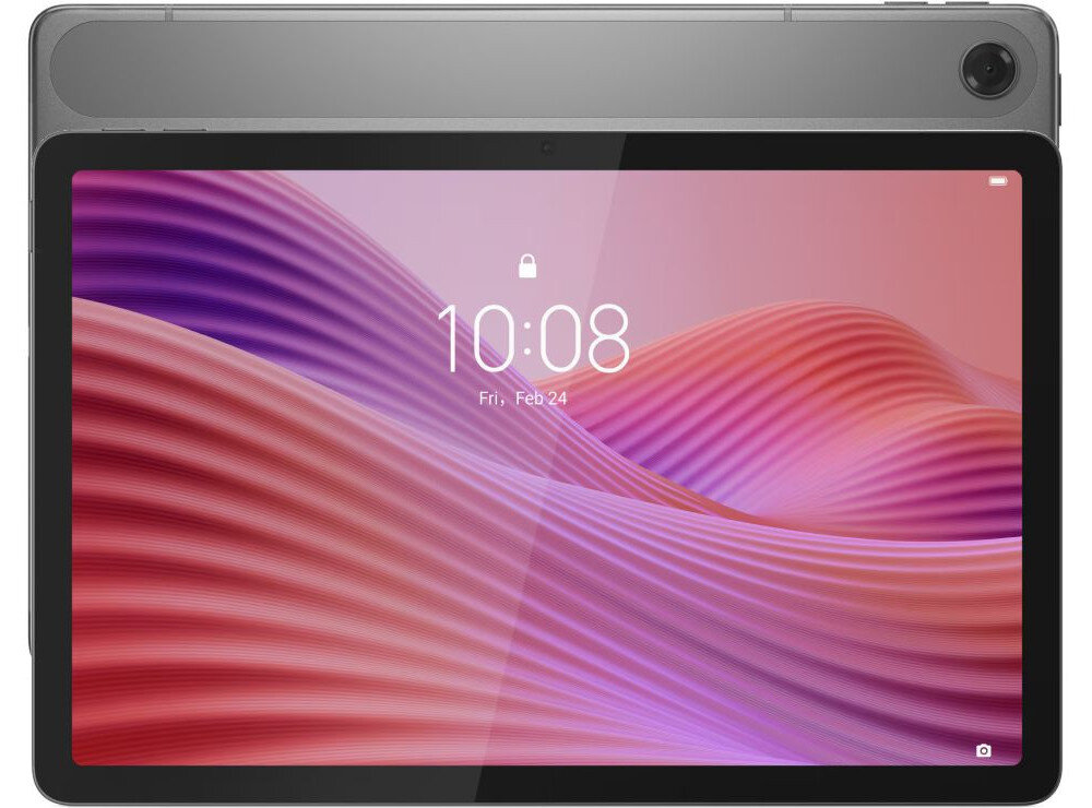 Tablet z wyświetlaczem pokazującym godzinę 10:08 i datę Fri, Feb 24. Tło ekranu przedstawia abstrakcyjne fale w odcieniach różu i fioletu.