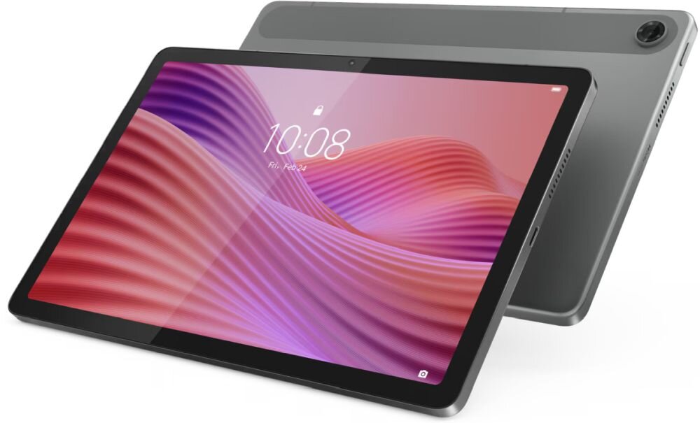 Na obrazie widoczny jest szary tablet z dużym ekranem, na którym wyświetlany jest abstrakcyjny wzór w odcieniach różu i czerwieni oraz godzina 10:08. W tle widać tylną część urządzenia z kamerą w rogu.