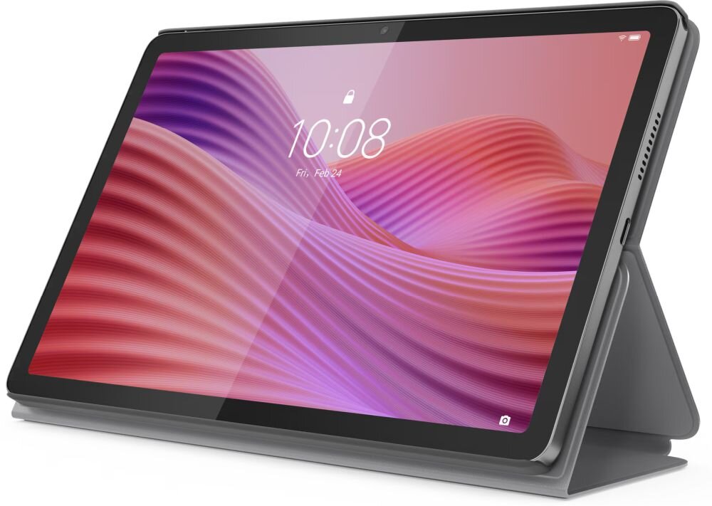 Tablet w szarej obudowie z wyświetlaczem pokazującym godzinę 10:08 i datę Fri, Feb 24. Ekran przedstawia kolorowe, faliste tło w odcieniach różu i fioletu.