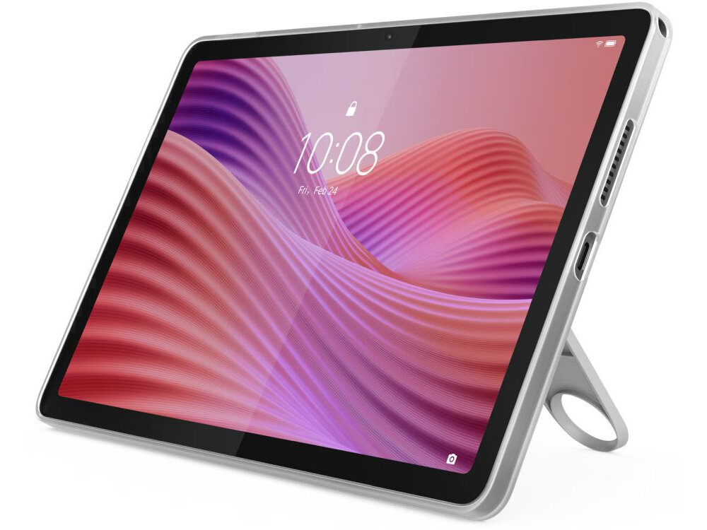 Tablet w kolorze szarym z wyświetlaczem pokazującym godzinę 10:08 i datę Fri, Feb 24. Tło ekranu ma wzór fal w odcieniach różu i fioletu.