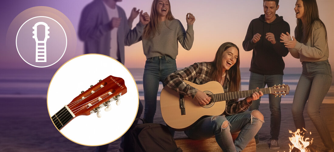 Grupa osób siedzi przy ognisku, jedna z nich gra na gitarze akustycznej. Wstawka pokazuje zbliżenie na główkę gitary z widocznymi kluczami do strojenia.