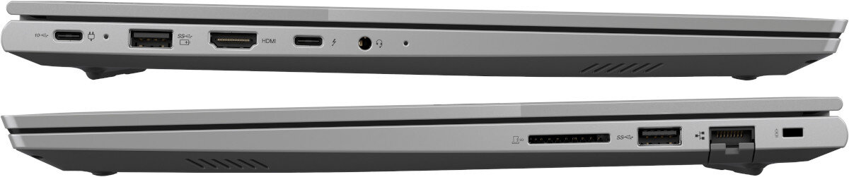 Obraz przedstawia dwa profile boczne laptopa z różnymi portami, w tym USB, HDMI, gniazdo audio i inne złącza. Laptop ma srebrną obudowę i smukły design.