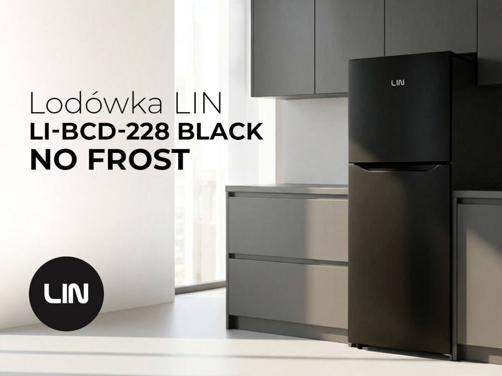 Czarna lodówka LIN stoi w nowoczesnej kuchni, obok szarych szafek. Na obrazie widoczny jest tekst: \'Lodówka LIN LI-BCD-228 BLACK NO FROST\'.