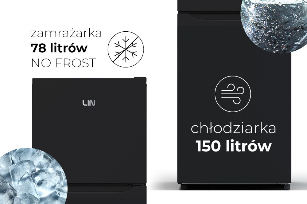 Obraz przedstawia czarną lodówkę z logo LIN, z zamrażarką o pojemności 78 litrów z funkcją NO FROST oraz chłodziarką o pojemności 150 litrów. Obok zamrażarki znajduje się symbol płatka śniegu, a obok chłodziarki symbol powietrza.