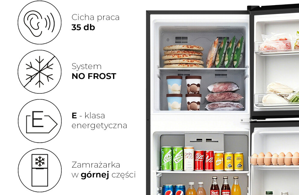 Obraz przedstawia otwartą lodówkę z zamrażarką w górnej części, wypełnioną różnymi produktami spożywczymi. Po lewej stronie znajdują się ikony z tekstem: \'Cicha praca 35 db\', \'System NO FROST\', \'E - klasa energetyczna\', \'Zamrażarka w górnej części\'.