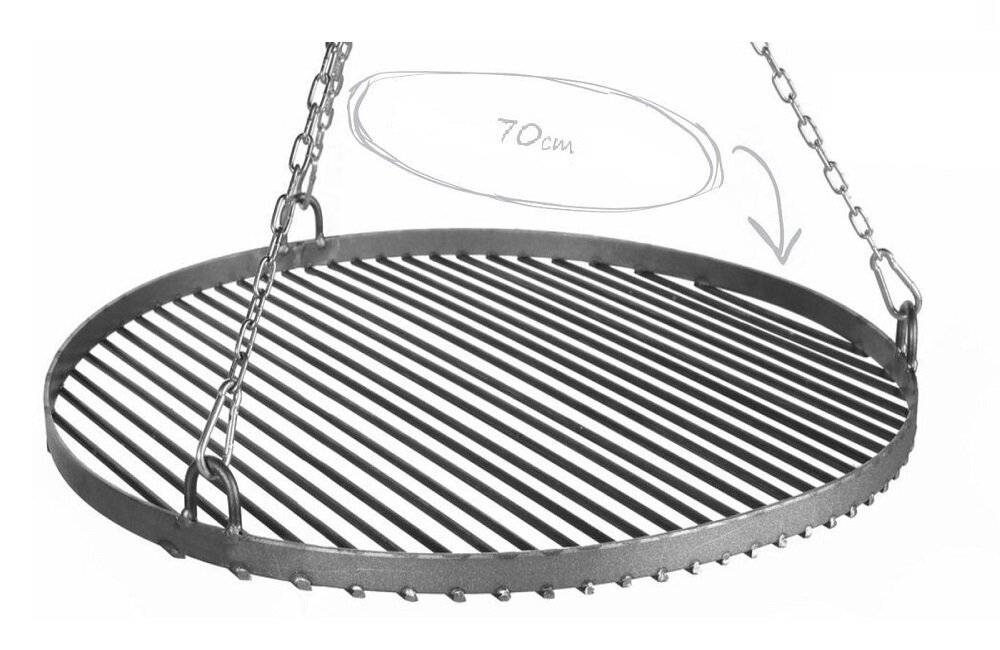 Okrągły ruszt grillowy zawieszony na łańcuchach, z oznaczeniem średnicy 70 cm.