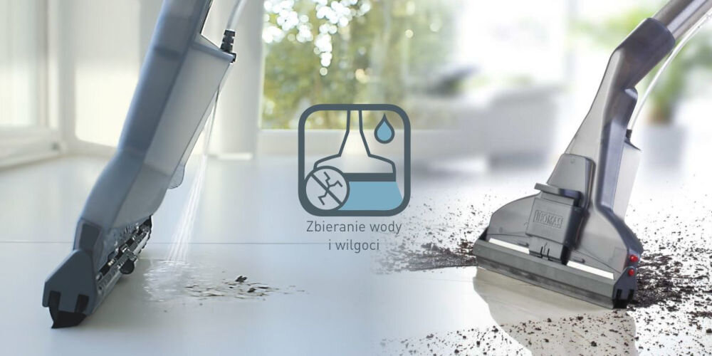 Obraz przedstawia końcówkę odkurzacza piorącego czyszczącą podłogę z brudu. Obok znajduje się ikona z napisem \'Zbieranie wody i wilgoci\'.