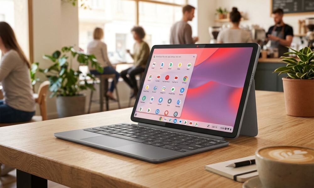 Na drewnianym stole stoi laptop z odłączaną klawiaturą, na ekranie widoczne są ikony aplikacji. W tle znajduje się kawiarnia z kilkoma osobami przy stolikach.