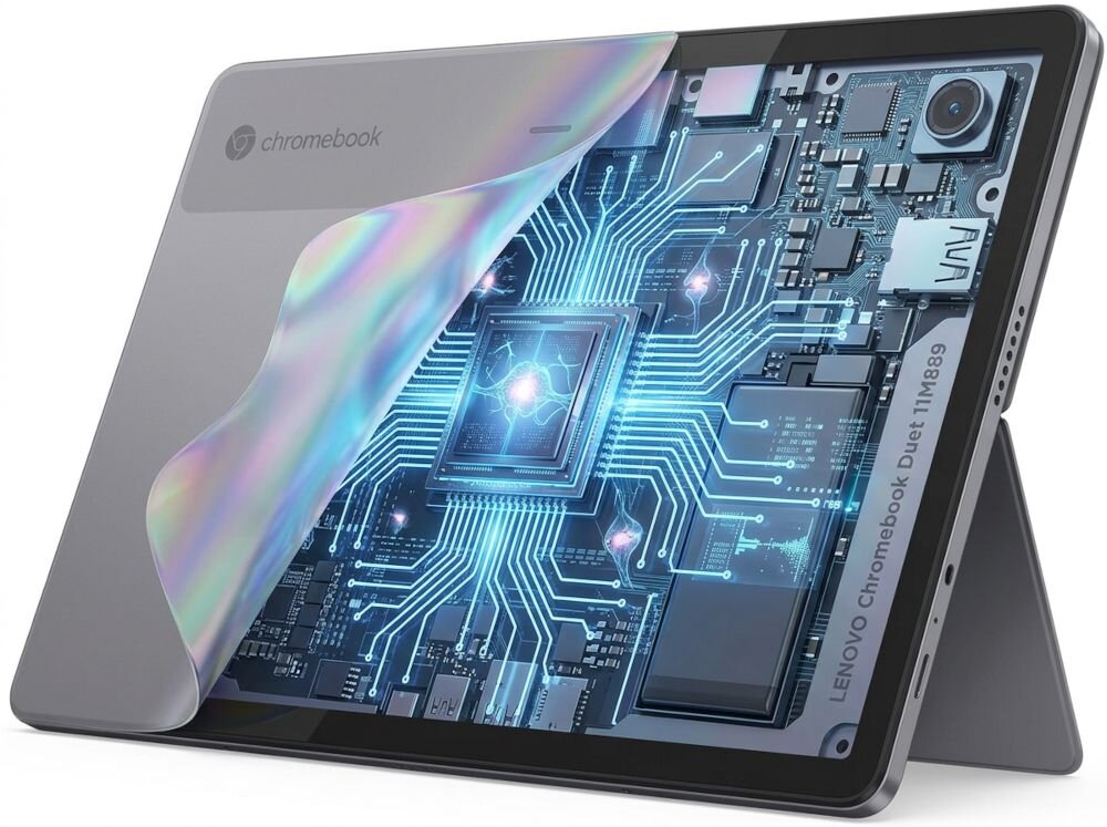 Obraz przedstawia laptopa z widocznym wnętrzem układu elektronicznego, na którym widać świecące ścieżki i komponenty. Na obudowie znajduje się napis \'chromebook\' oraz \'LENOVO Chromebook Duet 11M889\'.