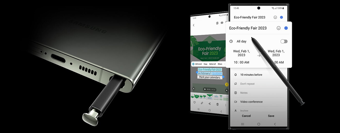 Galaxy S23 Ultra z wbudowanym rysikiem S Pen, którym pisze się i rysuje tak wygodnie, jak długopisem Obraz przedstawia smartfon z wysuniętym rysikiem oraz dwa ekrany z aplikacjami kalendarza i notatek. Na ekranach widoczny jest tekst: \'Eco-Friendly Fair 2023\' oraz szczegóły wydarzenia z datą i godziną.