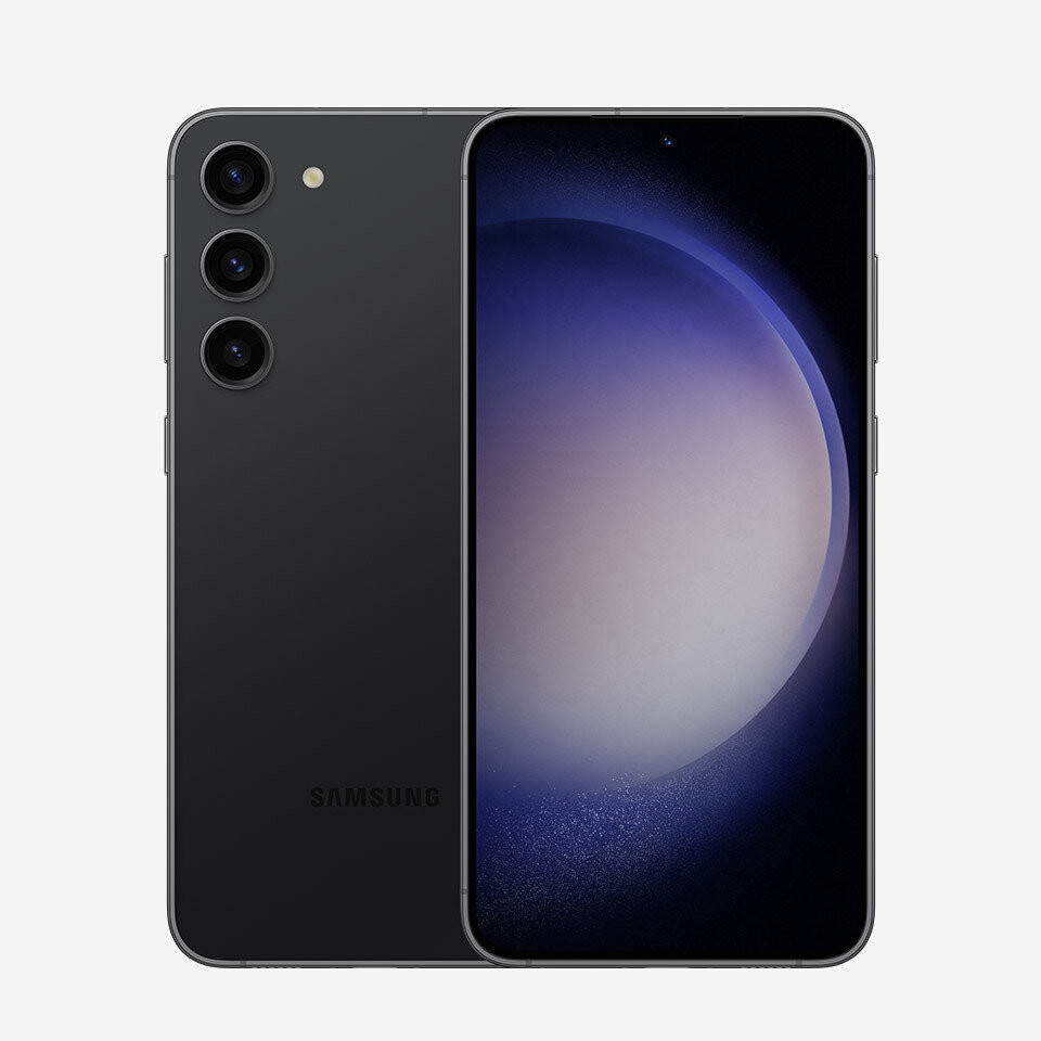 Smartfon z dużym ekranem, na którym widoczna jest abstrakcyjna grafika w odcieniach fioletu i czerni. Z tyłu urządzenia znajdują się trzy kamery i logo \'SAMSUNG\'.