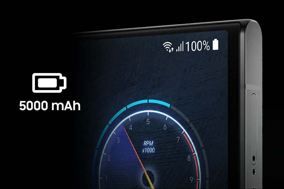 Obraz przedstawia fragment smartfona z wyświetlaczem pokazującym ikonę baterii z napisem \'5000 mAh\'. Na ekranie widoczny jest wskaźnik zasięgu sieci, ikona Wi-Fi oraz poziom naładowania baterii wynoszący 100%.