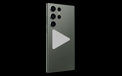 Smartfon w kolorze zielonym z czterema aparatami z tyłu i logo Samsung. Na ekranie widoczny jest symbol odtwarzania wideo.